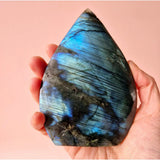 Labradorite teardrop gemstone crystal with blue iridescence, 13x8.5 cm, 253 g