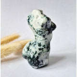 Moss agate female figurine, 8 cm, hand-carved white-green gemstone sculpture.