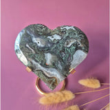 XL Green Moss Agate Druzy Heart-shaped on Metal Stand by Moonlight Gemstones