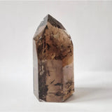 Rookkwarts Toren 300 g met diepe insluitingen; hoge kwaliteit smoky quartz kristal staand.