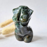 Moss agate hand-carved female torso figurine, 8 cm tall, Moonlight Gemstones