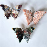 Petal agate butterfly crystal carvings with metal bodies, multicolor set of 3, 10 cm each