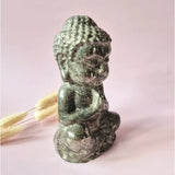 Moonlight Gemstones Pyrite Buddha statue, 15 cm tall, approx 1 kg, green-gold gemstone sculpture.