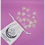 Mini Hart pink quartz heart worry stones from Moonlight Gemstones, with white drawstring bag.