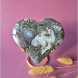 Moonlight Gemstones XL moss agate druzy heart on metal stand, green and white stone