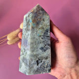 Labradorite tower by Moonlight Gemstones, XL purple/orange with rainbow flash, 579g