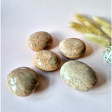Peach moonstone palmstones, five polished worry stones in beige-cream with subtle veining