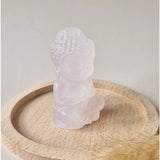 Moonlight Gemstones rose quartz Buddha statue, 8cm, pink crystal on wooden tray