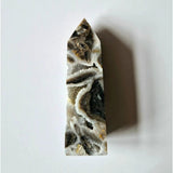 Moonlight Gemstones Edelsteen Druzy Sphaleriet Obelisk toren in gray-white sparkling crystals