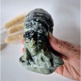 Emerald in matrix Native American bust carving, Moonlight Gemstones, about 10 cm, green and black stone