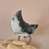 XL moss agate crescent moon on stand with green and white druzy pattern, Moonlight Gemstones