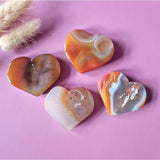 Moonlight Gemstones Fire Agate Heart stones, orange-white banding on carnelian, about 5 cm each (set of 4)