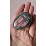 Labradorite palm stone by Moonlight Gemstones, purple iridescent sheen, polished oval worry stone