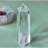 Clear quartz obelisk tower by Moonlight Gemstones, transparent crystal with subtle inclusions