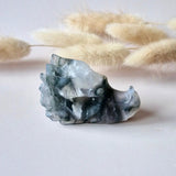 Dragon skull moss agate carving, blue-gray hues, 5 cm