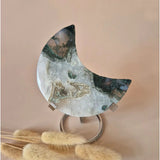 Moonlight Gemstones XL moss agate crescent moon on stand with green druzy and white matrix, 193g