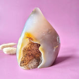 XL Druzy gray agate teardrop gemstone with yellow-orange band and brown speckled drusy interior