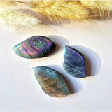 Three Labradorite leaf cabochons with iridescent blue-purple flashes, ~3 cm each, Moonlight Gemstones