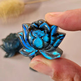 Labradorite Lotus gemstone carving with flash by Moonlight Gemstones, blue iridescent petals.