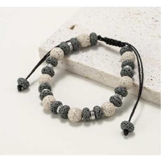 Armbanden van ronde en platte natuurlijke lavasteenkralen, zwart en wit geverfd