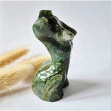 Moss agate female figurine, 8 cm, hand-carved by Moonlight Gemstones, green with white veining.