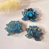 Labradorite Lotus gemstone carving with flash, Moonlight Gemstones; set of 3 blue iridescent pieces