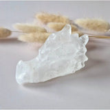 Dragon skull crystal carving in bergkristal (rock crystal), white translucent, 7 cm, Moonlight Gemstones