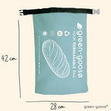 bread bag XL by green-goose, teal fabric with white bread illustration and top strap with buckle 42x28 cm