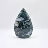 Druzy moss agate teardrop crystal with green-gray swirls, 9 cm tall
