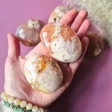 Cherry Blossom Agate handstones, set of 4, 4–6 cm, peach and white polished palmstones by Moonlight Gemstones