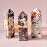 Edelsteen Mexicaanse Agaat Toren – set van 3 stuks, 8–10 cm, kleurrijke rode en witte bandpatronen, Moonlight Gemstones