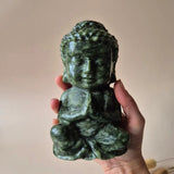 Moonlight Gemstones XL nephrite jade Buddha statue, polished green jade, 15 cm tall