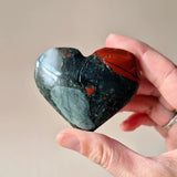 Bloodstone heart palm stone by Moonlight Gemstones; dark green with red streaks
