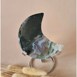 XL edelsteen mosagaat maan op standaard met druzy patronen, groen-blauwe tinten Moonlight Gemstones
