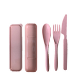 green-goose pink speckled bio-based cutlery set with storage case; includes spoon, fork, knife