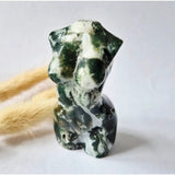 Moss agate woman bust sculpture, 8 cm, green and white marbled, hand-carved gemstone