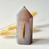 Druzy Agate Tower from Uruguay, 151 g; Moonlight Gemstones lavender-gray natural geode with brown druzy cavity