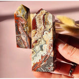 Mexicaanse Agaat toren edelsteen, 2 stuks, 8–10 cm, kleurrijke banding, Moonlight Gemstones