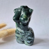 Moss agate female statue, 8 cm, dark green with white swirls, Moonlight Gemstones