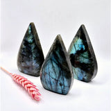 Three Labradorite drop-standing gemstone crystals with blue-green iridescence by Moonlight Gemstones
