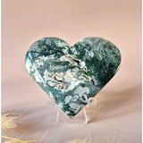 Moss agate druzy heart on metal stand; green stone with white veining.