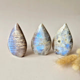 Moonstone flame teardrop stones with blue flash, 7–9 cm each, Moonlight Gemstones, set of 3