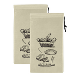 Broodzakken van gerecycled plastic, 2 stuks, beige met broodillustraties, trekkoord, green-goose, 25x45 cm