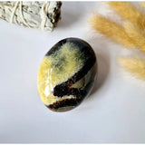 Septarian palmsteen met gele en zwarte bandpatronen; gepolijst handsteen voor ontspanning en rust.
