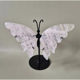 Rozenkwarts vlinder crystal carving op metalen standaard, Moonlight Gemstones