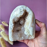 XL pink amethyst druzy geode freeform, 939 g, with pale pink crystals and white outer shell