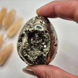 Moonlight Gemstones pyrite gemstone sphere, 40–50 mm, silver-toned with druzy interior crystals