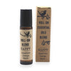 Roll-on essential oil blend bottle and box by AW Gifts; amber glass with black cap, kraft label reading Happy Spearmint Orange Myrrh.