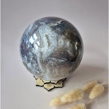 Moonlight Gemstones moss agate druzy geode sphere, 120mm, 2400g, blue-gray crystals