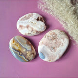 Moonlight Gemstones Cherry Blossom Agate palm stones set of 3, pink-white banded patterns, 8–10 cm each